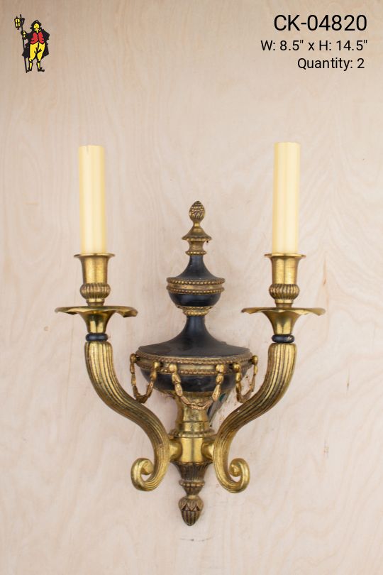 Two Candle Art Deco Black & Brass Wall Sconce
