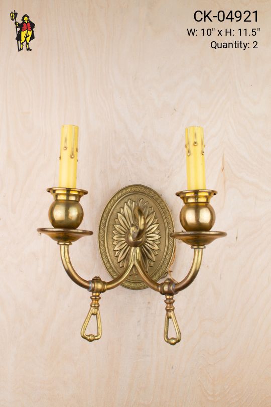 Two Candle Geometric Brass Backplate Wall Sconce