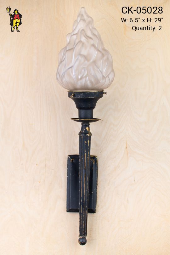 Black & Gold Torch Wall Sconce w/Glass Flame Shade