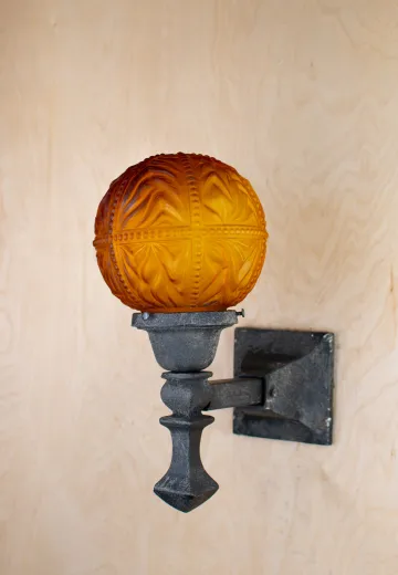 Old Black Wall Sconce w/Amber Glass Globe