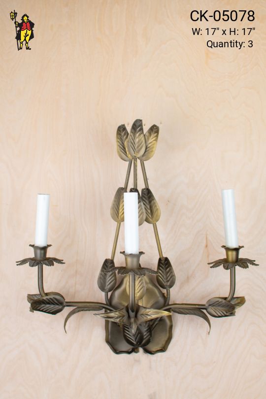 Three Candle Floral Brass Sconce