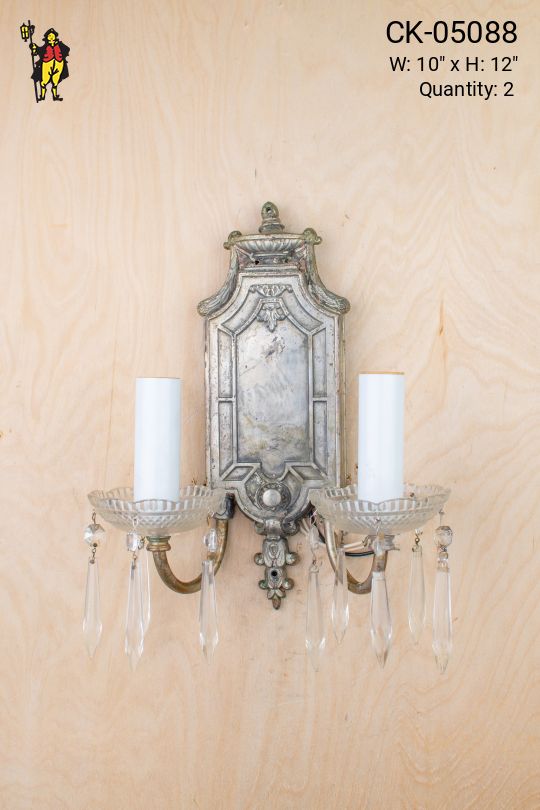 Gothic Silver Two Candle Wall Sconce w/Crystal Drops