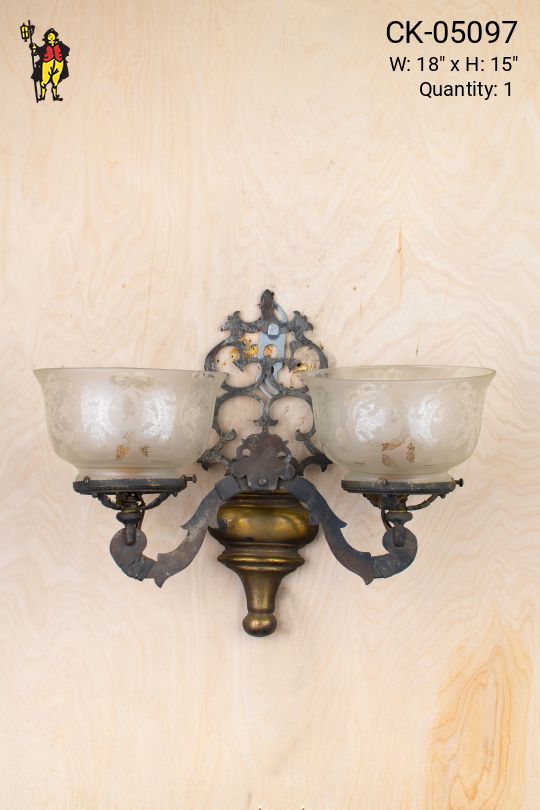 Victorian Two Light Wall Sconce w/Etched Glass Bowl Shades