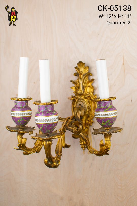 Painted Brass Three Candle Wall Sconce