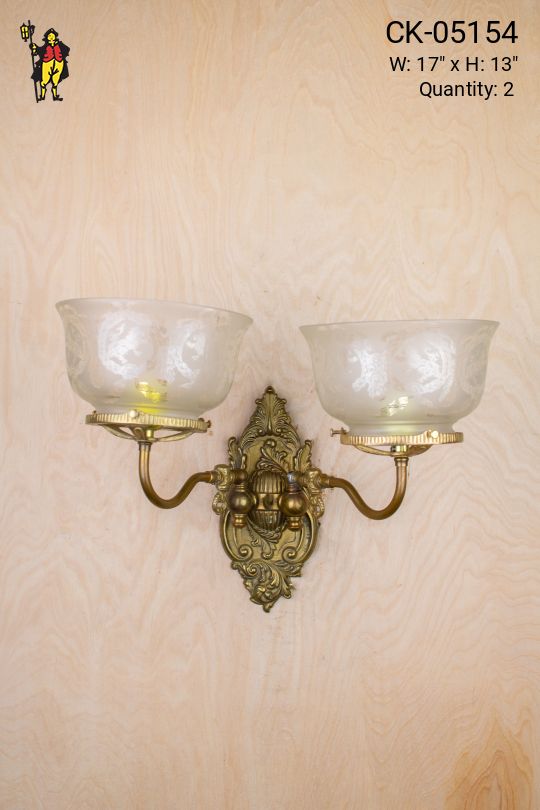 Old Two Arm Wall Sconce w/Etched Glass Bowl Shades
