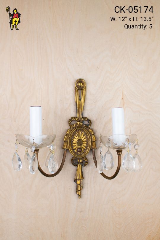 Antique Brass Two Candle Wall Sconce w/Crystal Drops