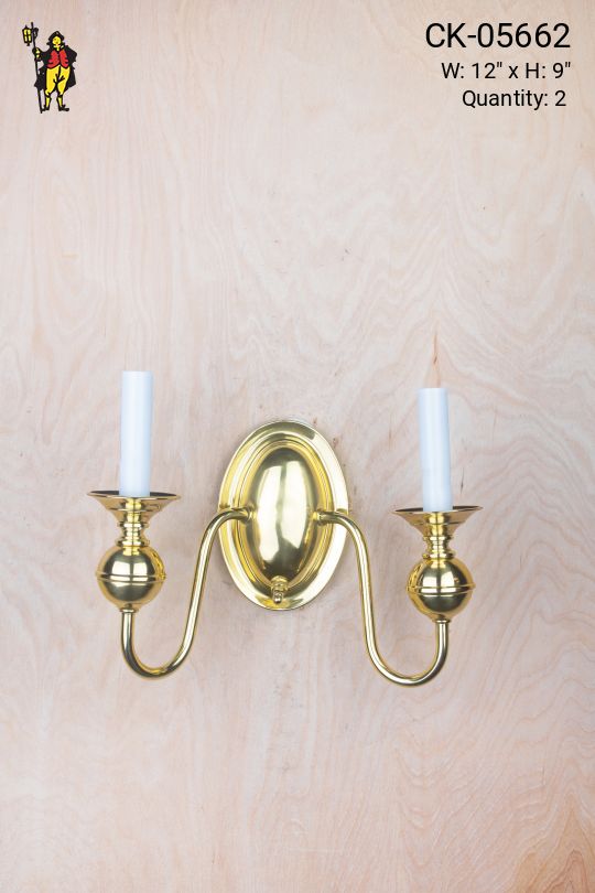 Two Candle Curved Arm Polished Brass Wall Scone