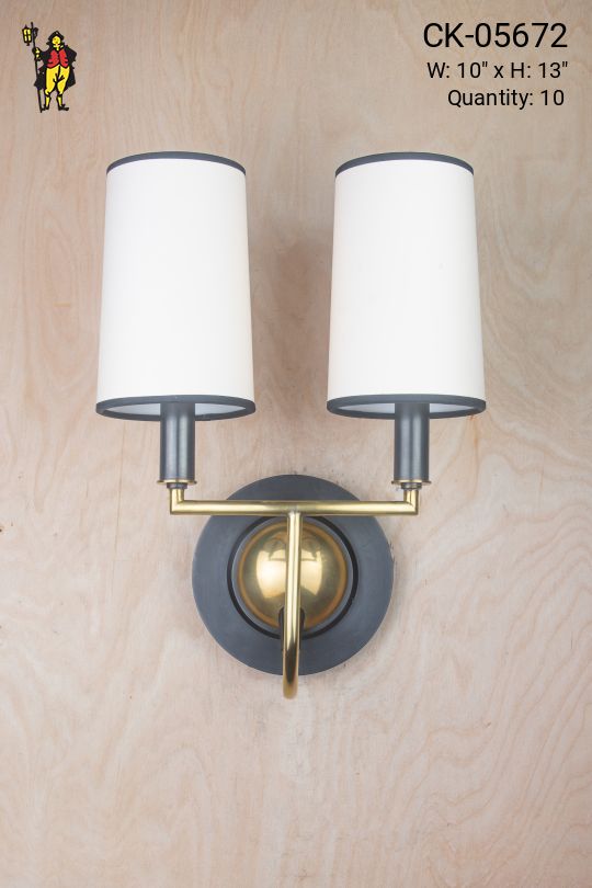 Matte Black & Gold Two Candle Wall Sconce w/Black & White Shade
