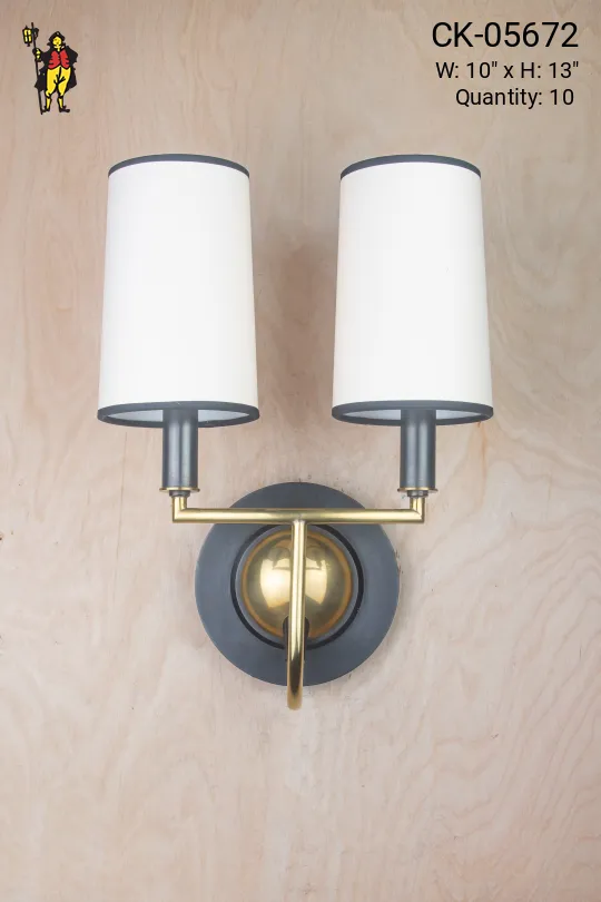 Matte Black & Gold Two Candle Wall Sconce w/Black & White Shade
