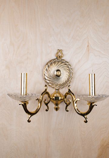 Two Arm Polished Brass Wall Sconce With Crystal Shades & Backplate