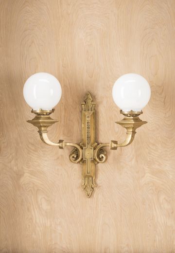 Two Light Brass Wall Sconce w/White Globes