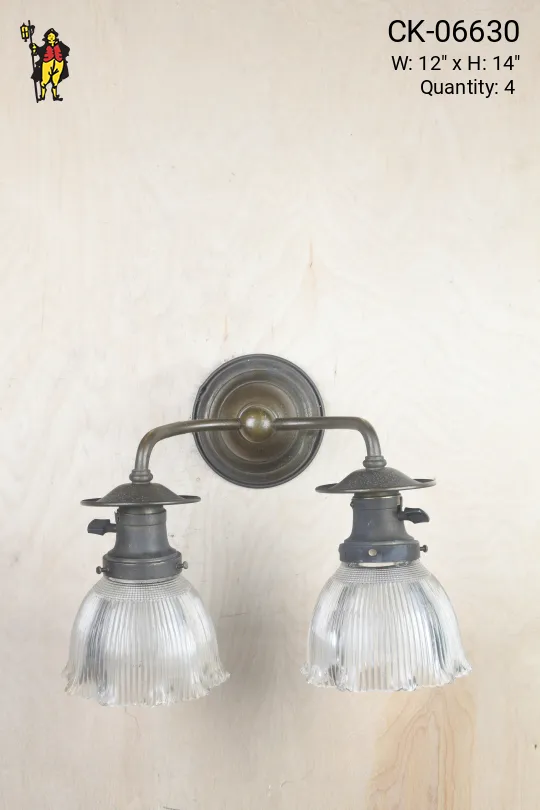 Two Light Antique Brass Wall Sconce w/Holphane Shades