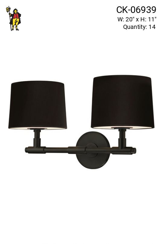 Two Light Black Wall Sconce w/Black Fabric Shades