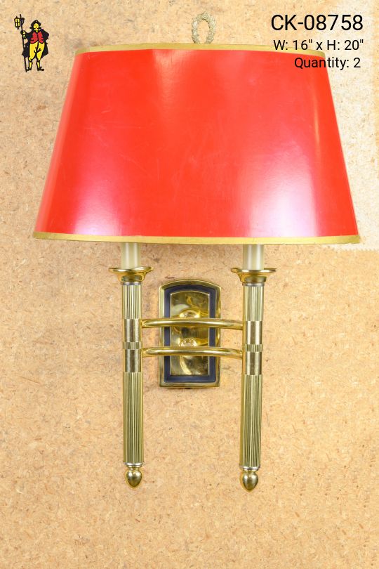 Red Paper Shaded Two Candle Brass Wall Sconce