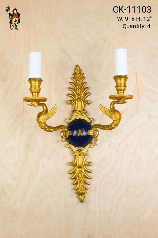 Art Deco Two Candle Brass & Black Wall Sconce