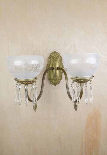 Brass Victorian Two Light Wall Sconce w/Crystal Drops
