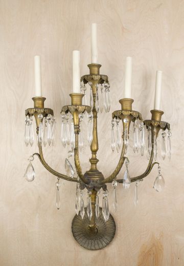 Five Candle Brass & Crystal Wall Sconce