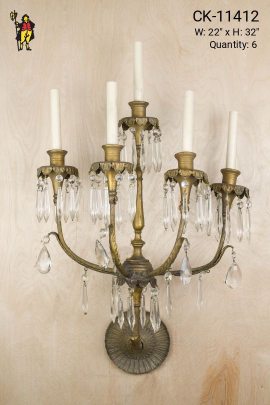 Five Candle Brass & Crystal Wall Sconce