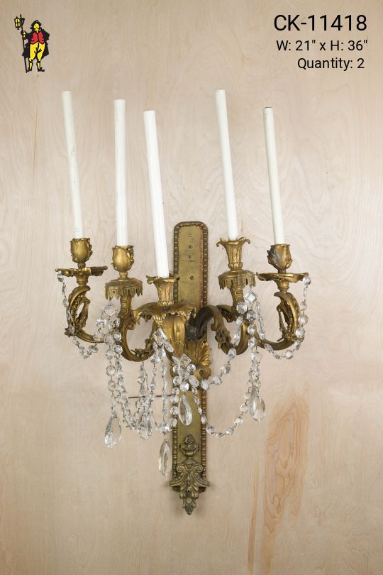 Five Candle Crystal & Brass Wall Sconce