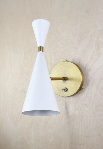 Mid Century Down Light Brass & White Wall Sconce