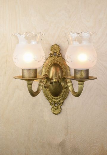 Two Light Brass Wall Sconce w/Hurricane Shades