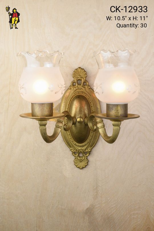 Two Light Brass Wall Sconce w/Hurricane Shades