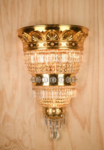 Oversize Brass & Crystal Two Tiered Wall Sconce