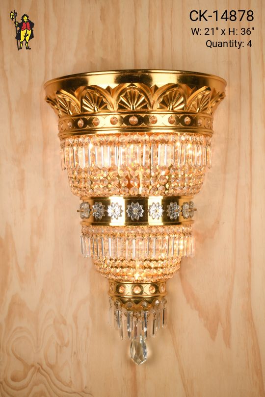 Oversize Brass & Crystal Two Tiered Wall Sconce