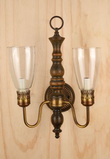 Wooden Two Light Wall Sconce with Glass Hurricane Shades