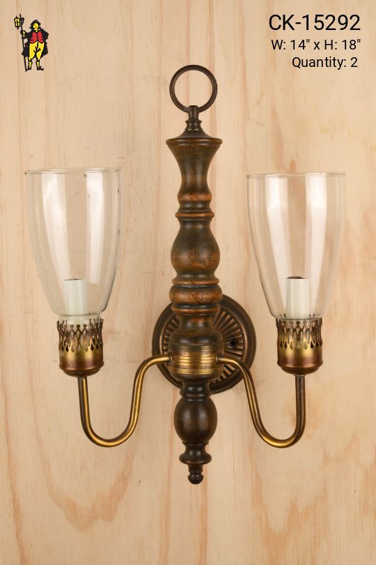 Wooden Two Light Wall Sconce with Glass Hurricane Shades