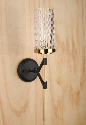Black & Brass Modern Torch Style Wall Sconce w/Textured Glass Shade