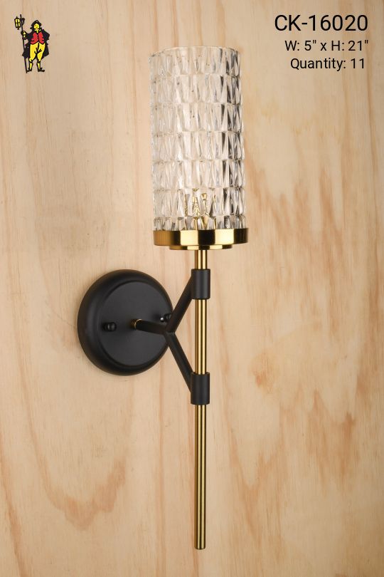 Black & Brass Modern Torch Style Wall Sconce w/Textured Glass Shade