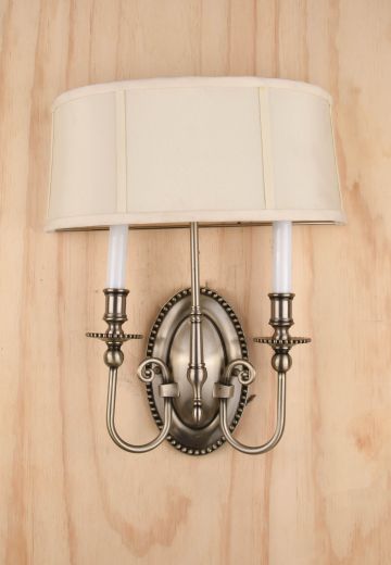 Nickel Two Candle Wall Sconce w/Fabric Shield Shade