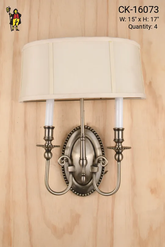 Nickel Two Candle Wall Sconce w/Fabric Shield Shade