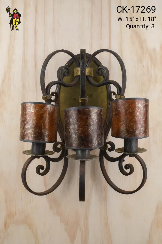 Wrought Iron & Brass Medieval Three Light Wall Sconce