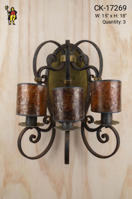 Wrought Iron & Brass Medieval Three Light Wall Sconce