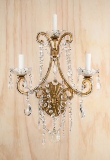 Antique Brass & Crystal Three Candle Wall Sconce