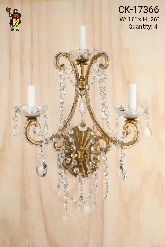 Antique Brass & Crystal Three Candle Wall Sconce