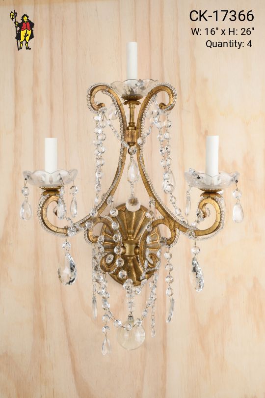Antique Brass & Crystal Three Candle Wall Sconce