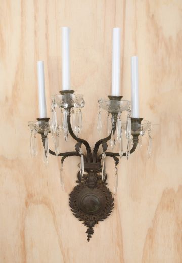 Antique Brass Tall Four Candle Wall Sconce w/Crystal Drops