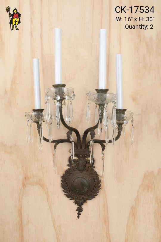 Antique Brass Tall Four Candle Wall Sconce w/Crystal Drops