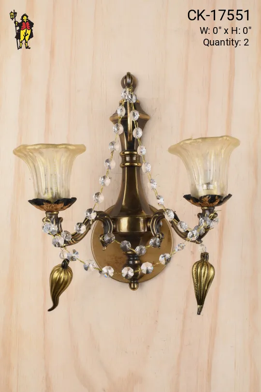Antique Brass Two Light Wall Sconce w/Crystal Accents