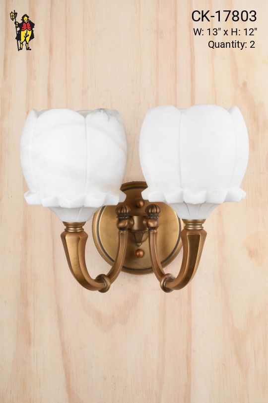 Antique Brass Two Light Wall Sconce w/Molded Alabaster Shades