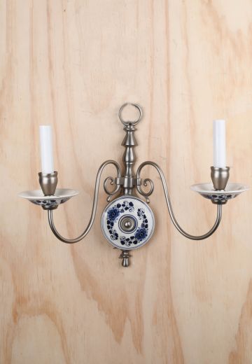 Nickel Two Candle Wall Sconce w/Painted Blue & White Ceramic Backplate