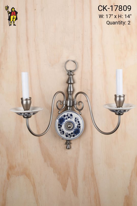 Nickel Two Candle Wall Sconce w/Painted Blue & White Ceramic Backplate