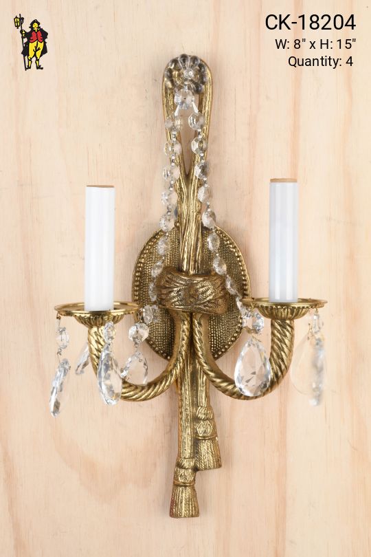 Brass Two Candle Wall Sconce w/Crystal Drops