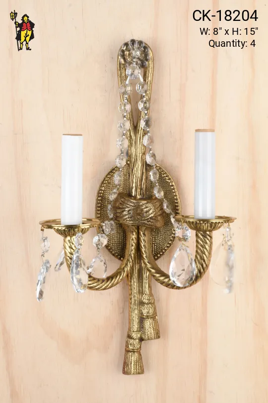 Brass Two Candle Wall Sconce w/Crystal Drops