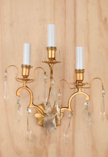 Brass Three Light Wall Sconce w/Crystal Drops