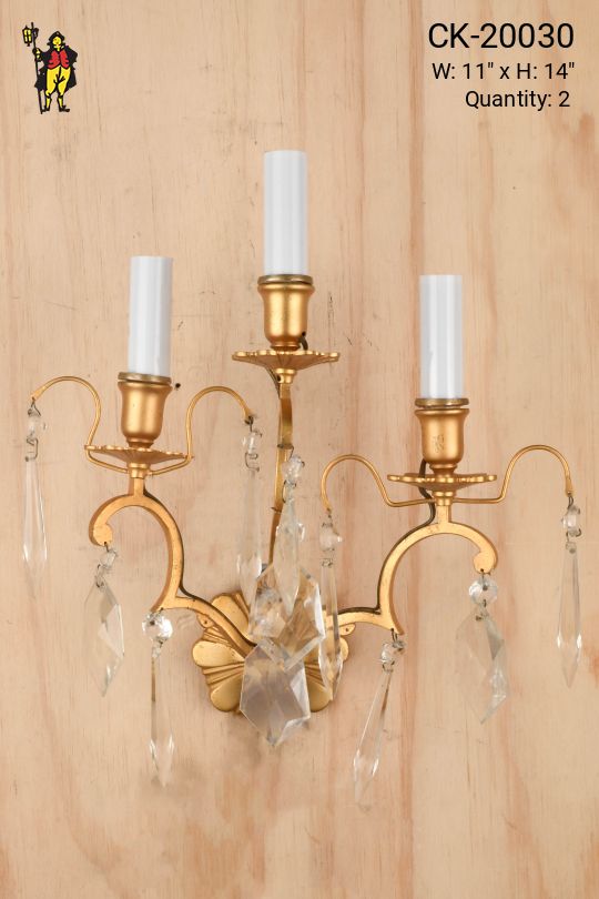 Brass Three Light Wall Sconce w/Crystal Drops