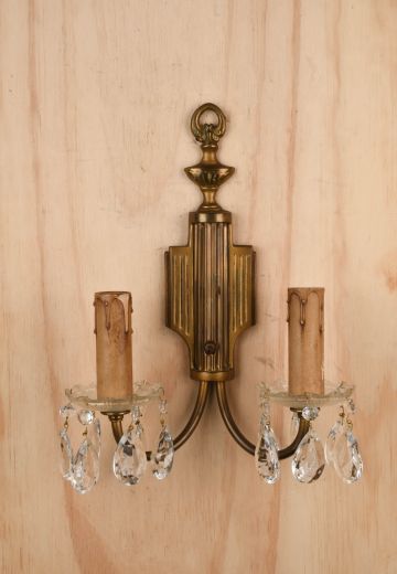 Antique Brass Two Candle Wall Sconce w/Crystal Drops